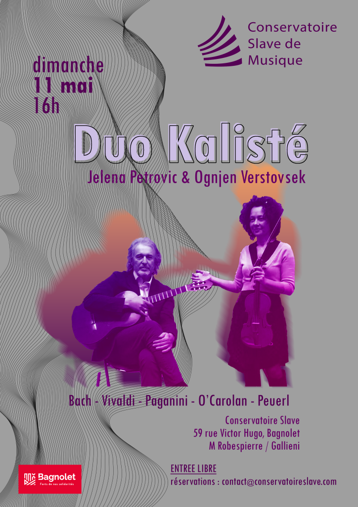 Affiche du concert du duo Kalisté composé de Jelena Petrovic au violon et d'Ognjen Verstovsek à la guitare.